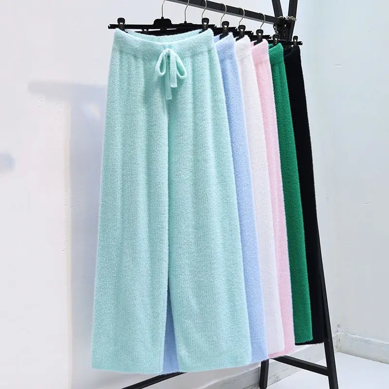 

Trousers Women Knitted Pants with Side Slits Spring Elastic Slim Tights High Waist Soft Girl Bottoms Stacked Pants 2023 X98