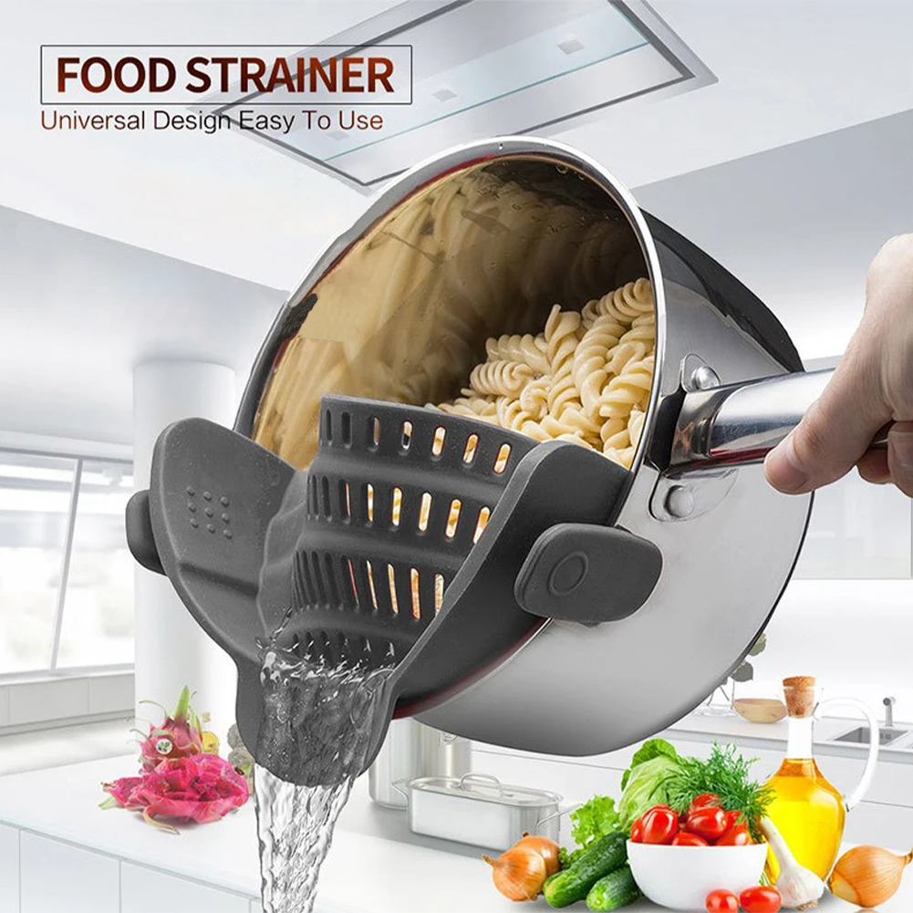 

Силиконовый кухонный ситечко с зажимом, стойка для слива сковородок, воронка для чаши, риса, макароны, овощей, дуршлаг для мытья, универсальн...