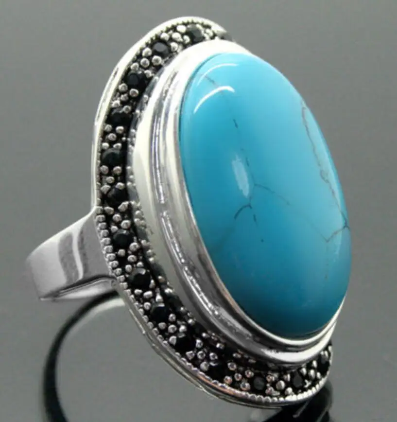 

Fashion jewelry Free Shipping 17X30mm Blue Turquoises Oval Gems 925 Sterling Silver Marcasite Ring