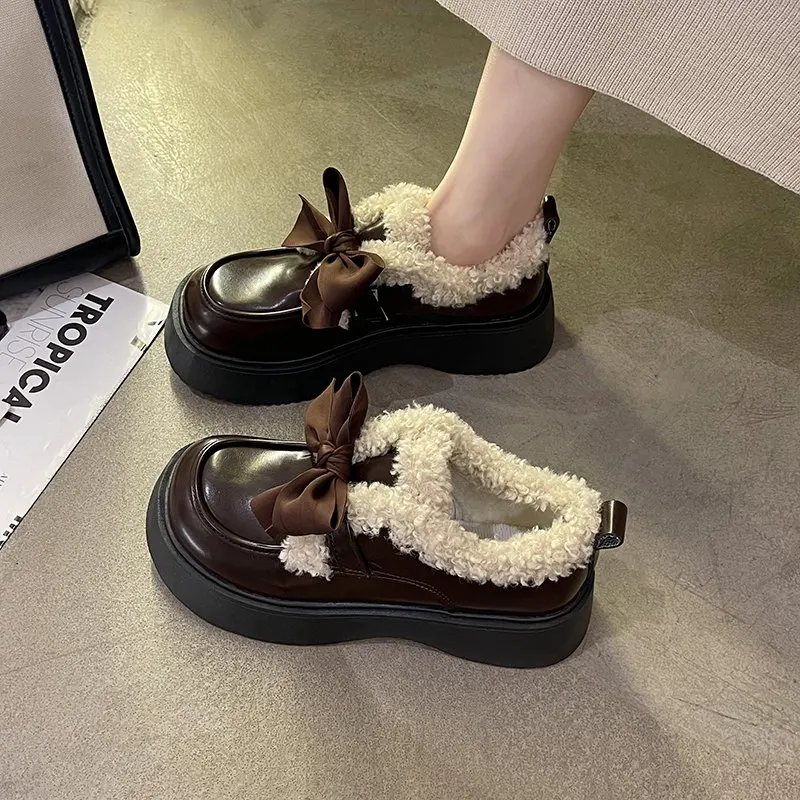 

Casual Woman Shoe White Sneakers British Style Loafers With Fur Slip-on Oxfords Female Footwear Autumn Bow-Knot Round Toe Preppy