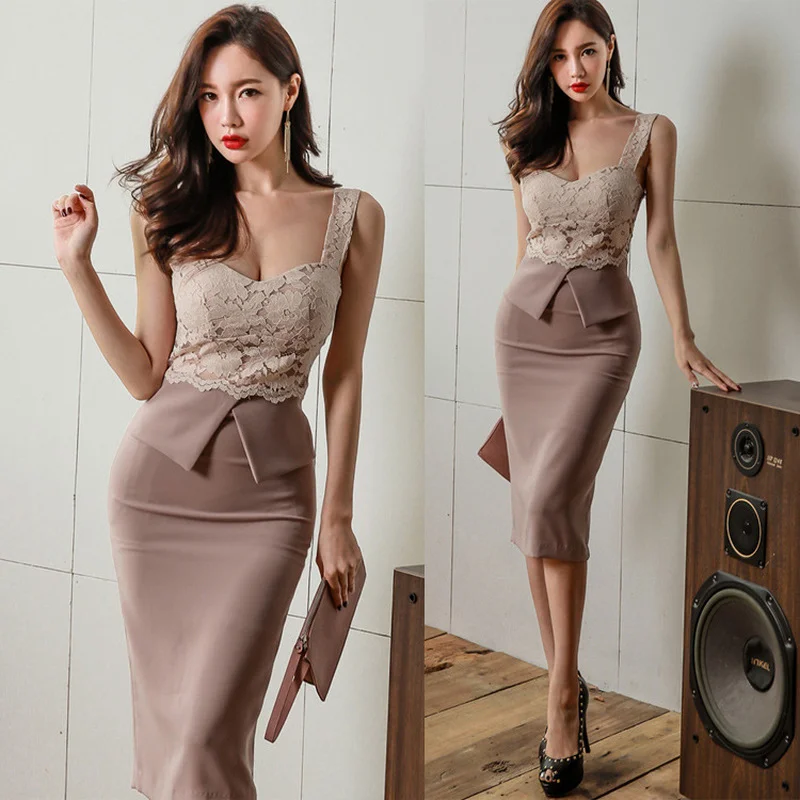 

Sexy Sheath Bodycon Dress New Summer Korean Style Lace Straps Slim Fit Split Pencil Dress Elegant Lady Hight Waist OL Midi Dress