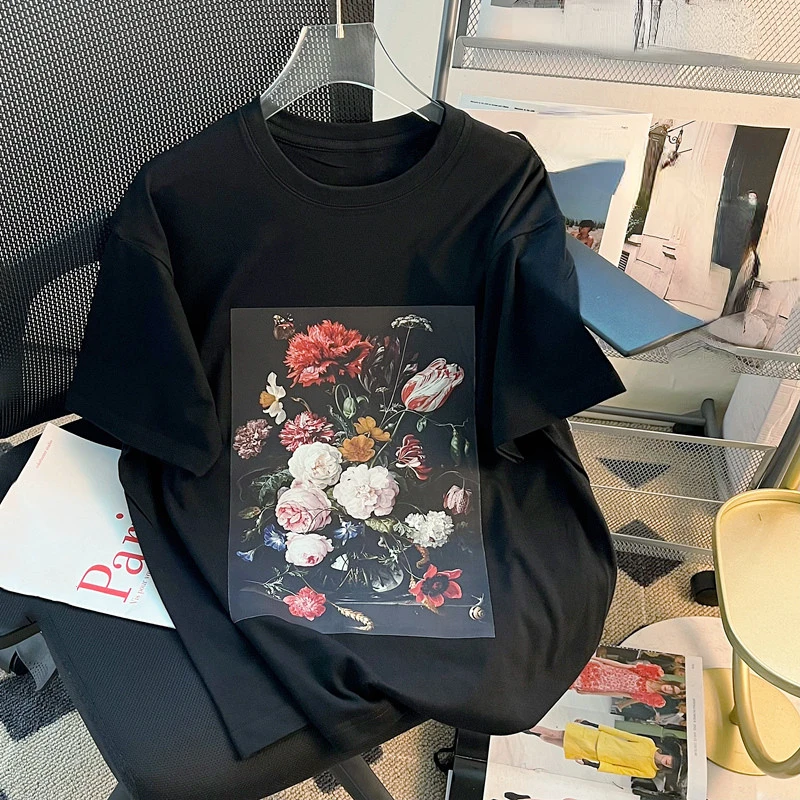 

Футболка женская оверсайз с коротким рукавом, из хлопка, с цветочным принтом