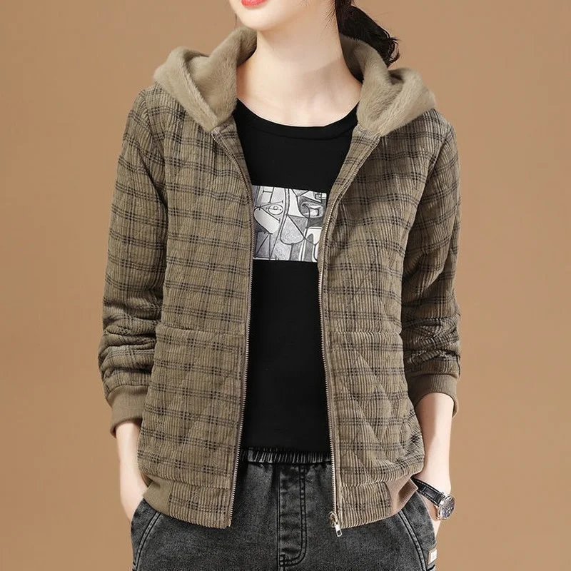 

New Winter 2023 Retro Plus Velvet Clothes Short Coats Women Plaid Loose Lambswool Cotton-padded Corduroy Jackets Female Outwear