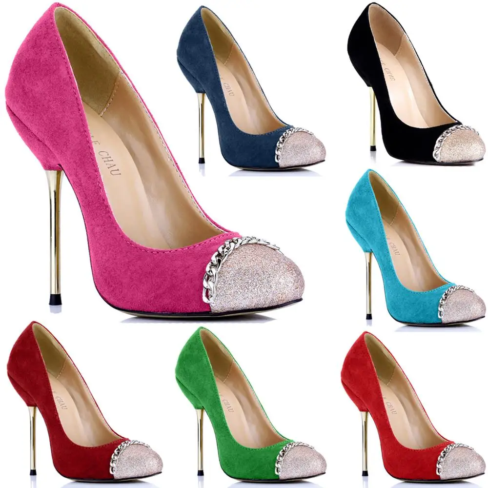 

CHMILE CHAU Suede Sexy Party Shoes Women Cap-Toe Stiletto Iron High Heels Chain Lady Pumps Zapatos Mujer Plus Sies 10 3845-c1
