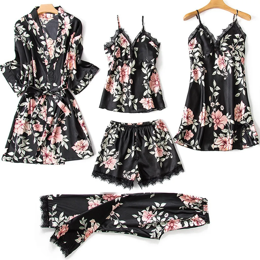 

Pink Pajamas Sets Womens Strap Top Pants Sleepwear Suit Spring Autumn Home Wear Nightwear Kimono Robe Bath Gown S-XXL