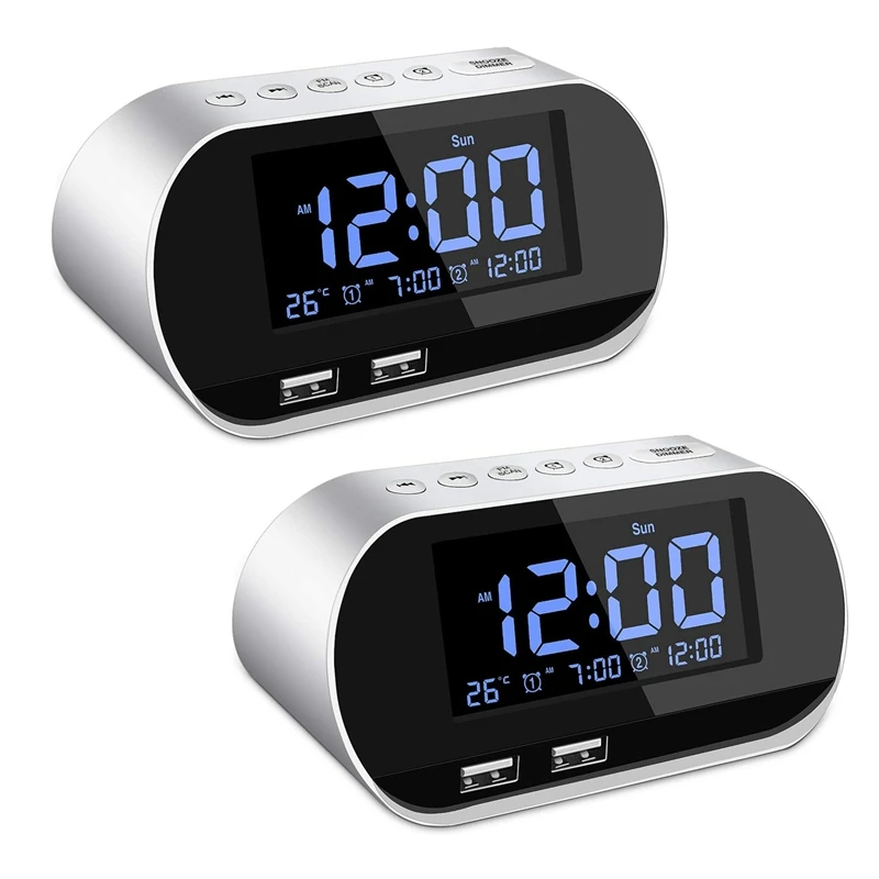 

2X Alarm Clock Radio, FM With Sleep Timer, Dual USB Port Charging, Digital Display,With Dimming,Adjustable Volume(White)