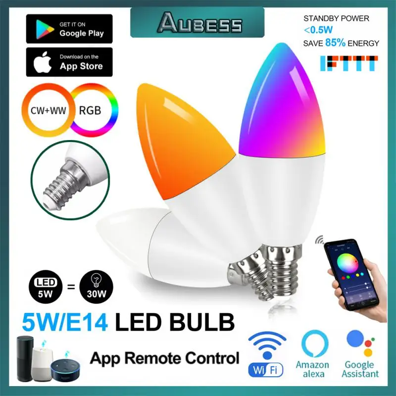 

Wifi Smart Light Bulb E14 Candle Lamp RGB+CW+WW 5W 470lm Voice Control Compatible with Alexa Google Home Dimmable Lamp IFTTT