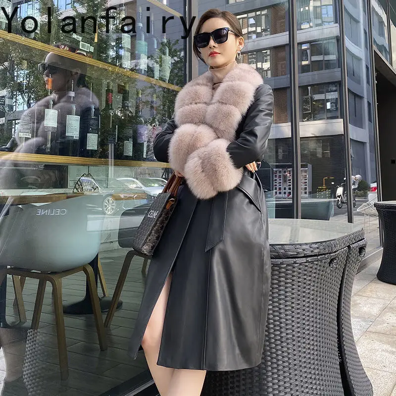 Женский Длинный тренчкот из натуральной воловьей кожи с лисьим меховым