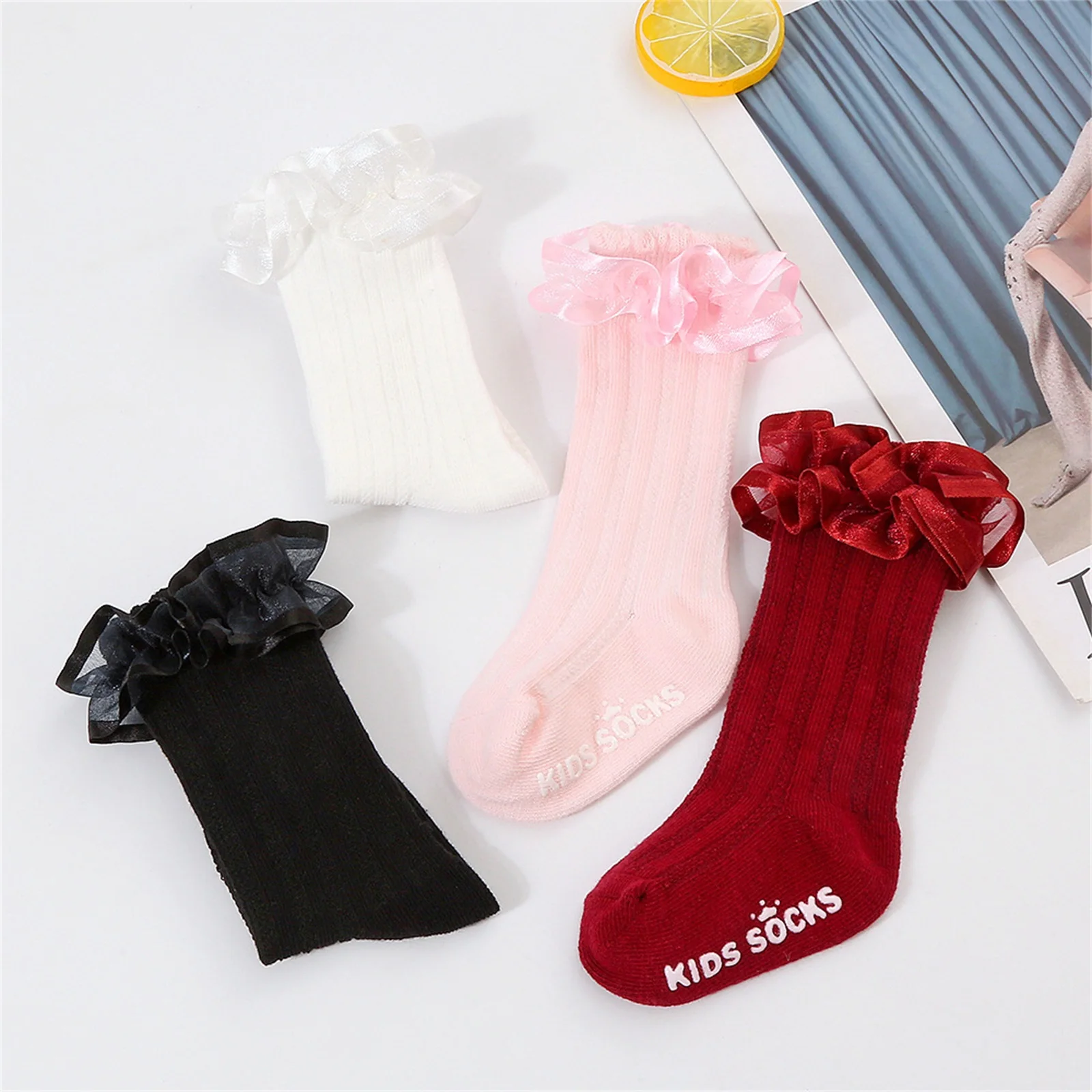 

Baby Girls Sweet Ankle Socks Spring Autumn Cotton Blend Ruffled Trim Anti Slip Princess Stocking Tube Long Sock for Party