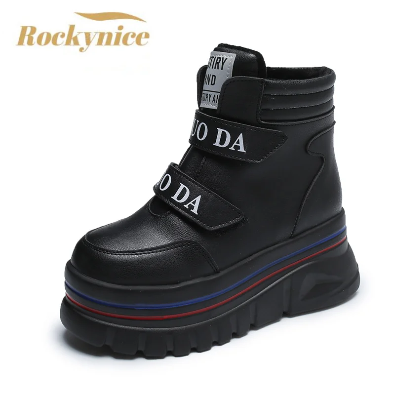 

Women Snow Boots Thick Sole Soft Leather High Platform Ankle Boots White Chunky Sneakers Warm Plus Velvet Winter Boots Shoes 6CM