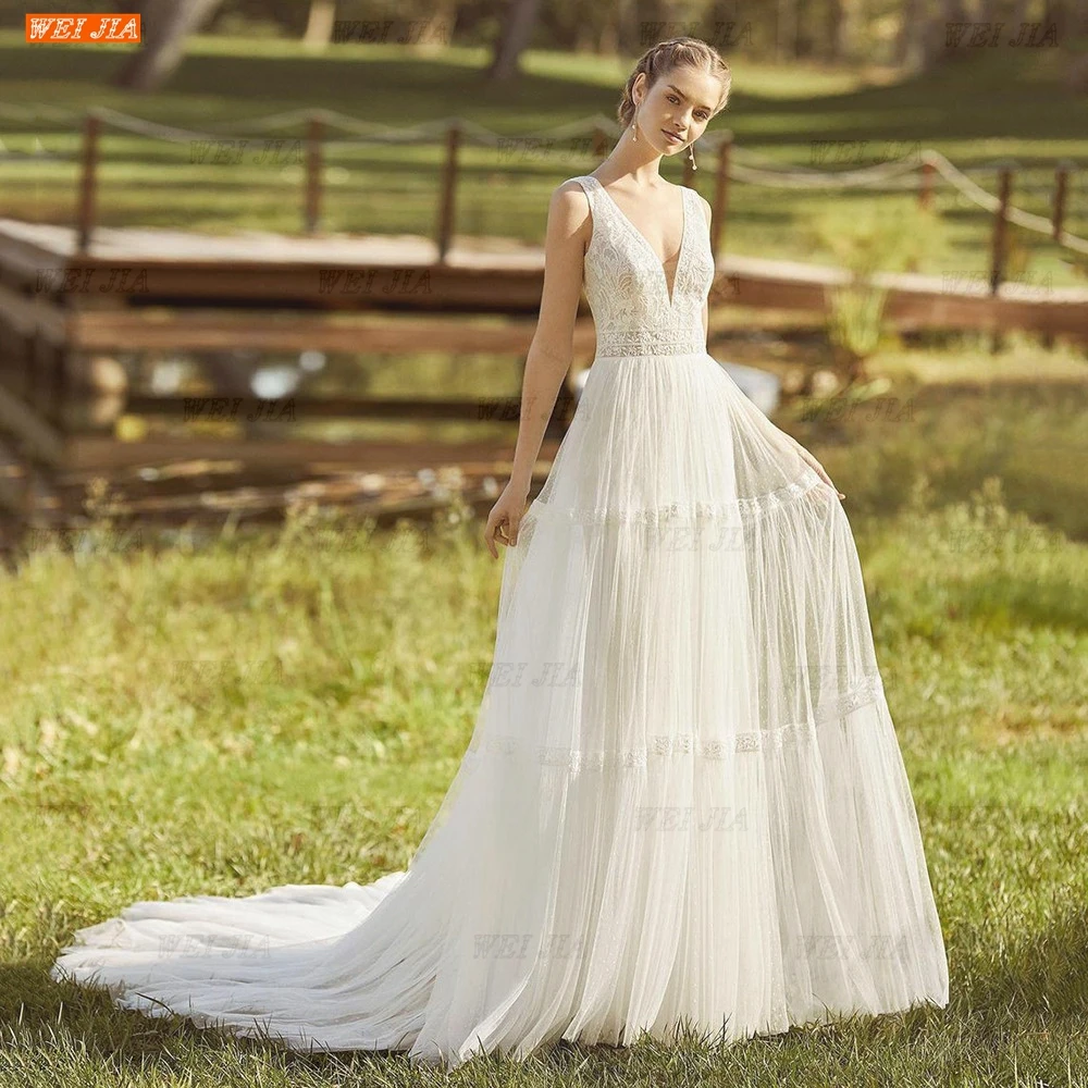 

A-Line Tulle Wedding Dresses Deep V-Neck Sleeveless Backless For Women Sweep Train Robe De Soirée Custom Made WEIJIA