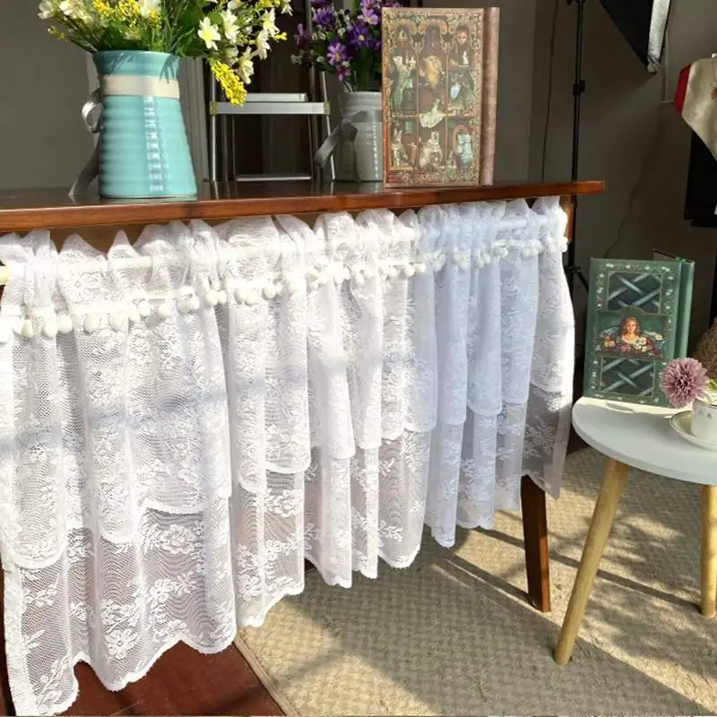 

1 PCS Rod Pocket White Lace Short Curtain for Kitchen Cafe Double Layer Jacquard Floral Sheer Voile Valance for Small Window