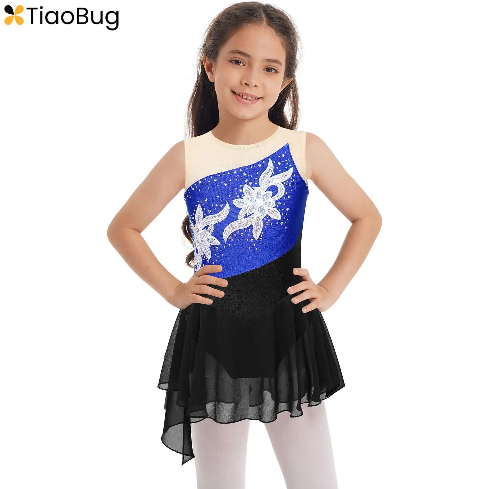 

Kids Girls Floral Rhinestone Ballet Lyrical Dance Dress Sleeveless Figure Ice Skating Dress Competition Costume Dancewear
