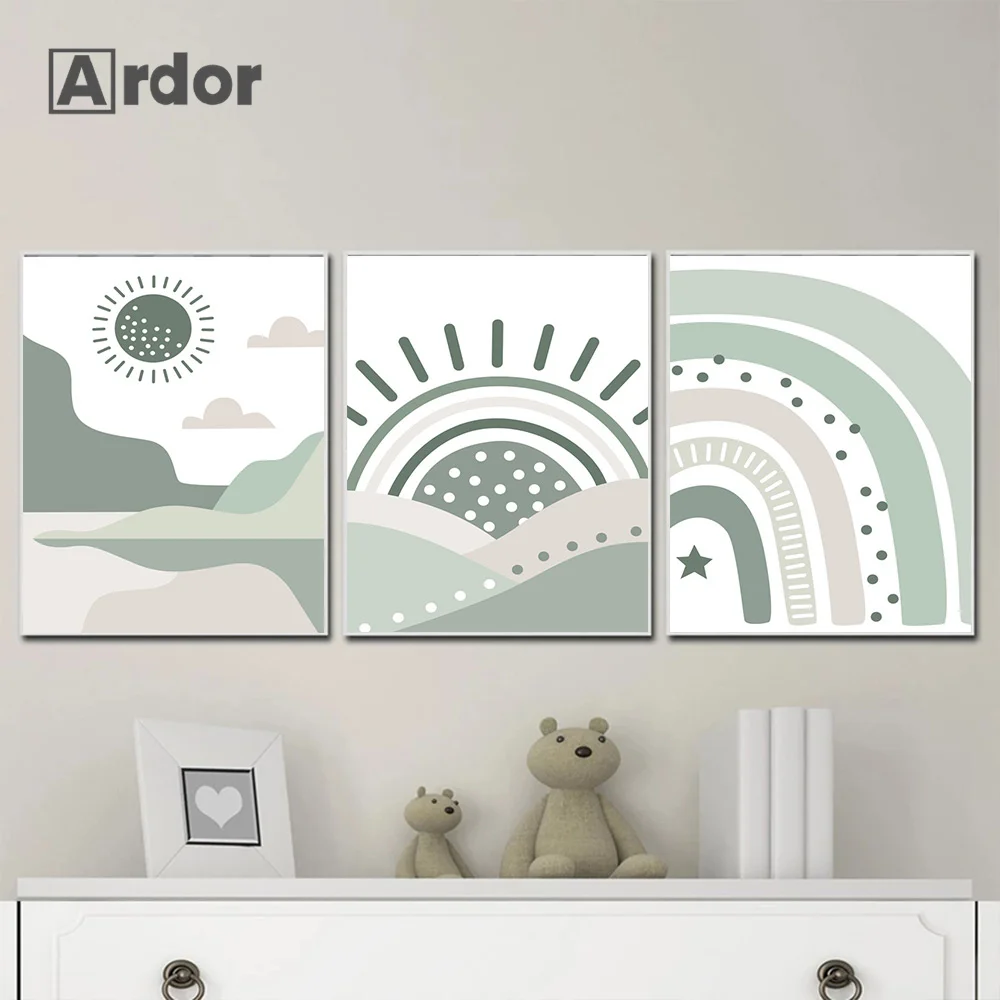 Плакат с изображением Зеленой Горы Солнце Радуга холст пятно художественные