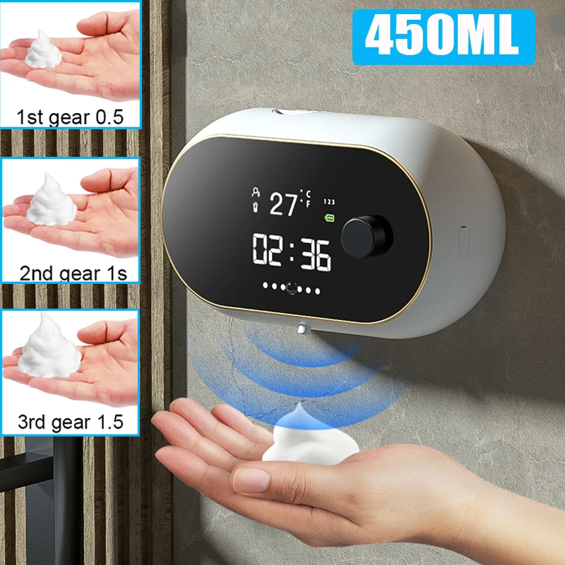 450ML Automatic Liquid Foam Soap Dispenser Wall Mount Touchless Sensor Machine USB Charge Time Temperature Display |