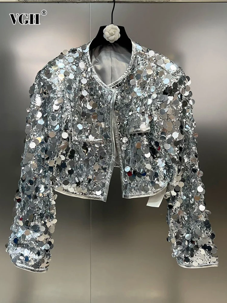 

Женское лоскутное пальто с блестками VGH, однотонное свободное повседневное пальто с круглым вырезом и длинным рукавом, пальто с карманами, модный стиль, новинка