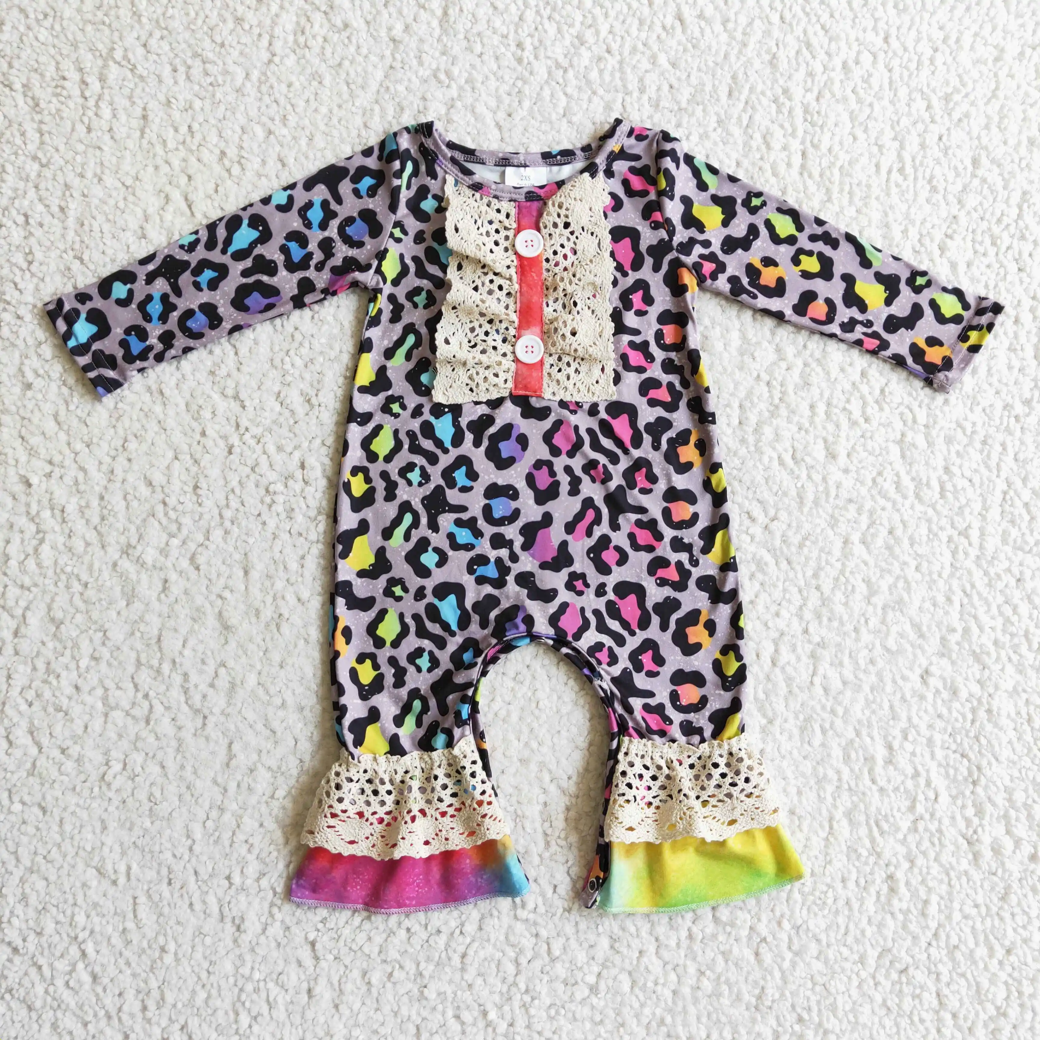 

LR0215 baby girls colorful leopard long sleece romper with lace