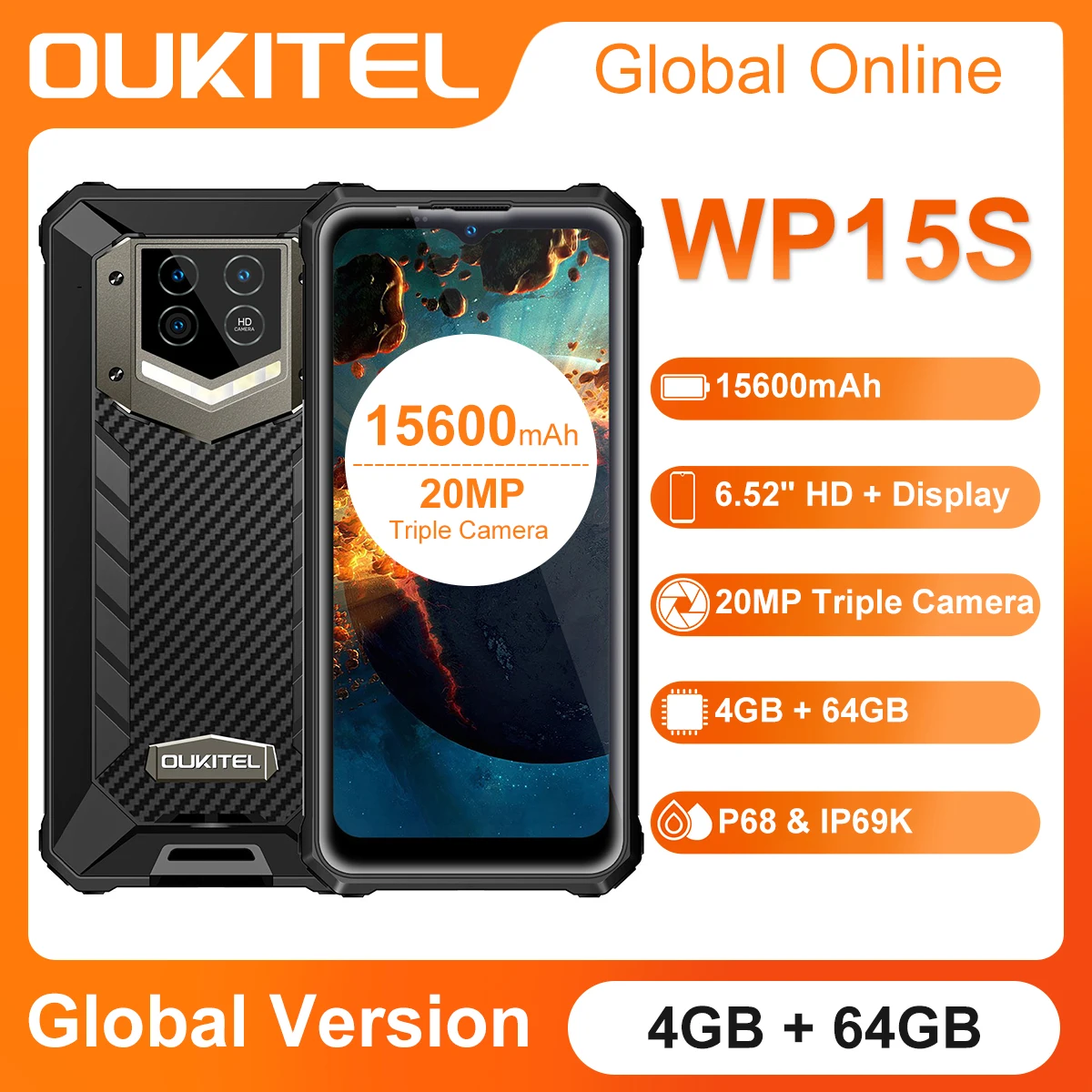 OUKITEL WP15S Rugged Smartphone 15600MAH Battery 6.52''  IP68 Waterproof 4GB+64GB Mobile Phone 20MP Camera Cell Phone