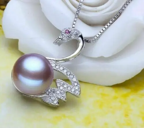 

Charmming nice 12MM natural south sea genuine purple pearl swan necklace pendant