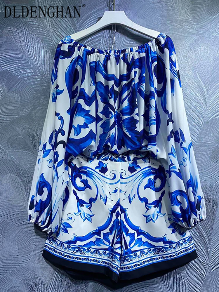 DLDENGHAN Women Suits Slash neck Lantern Sleeve Tops + Shorts Blue And White Porcelain Print Two Piece Set Designer Autumn New