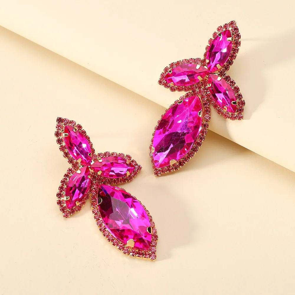 

Luxury Earrings For Women Girl Elegant Metal Leaves Fuchsia Crystal Brincos Jewelry Ear Accessories