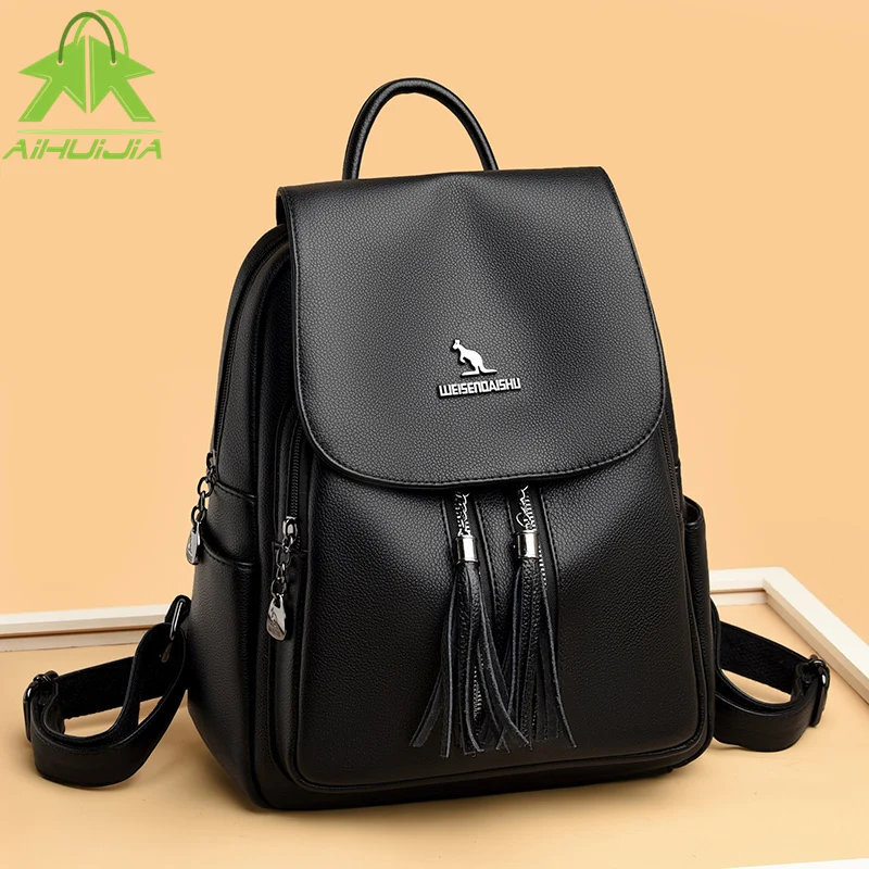 

Fashion with Tassel Womens Solid Color Backpack Multifunction Backpacks 2022 New High Quality Pu Leather Travel Women Handbags