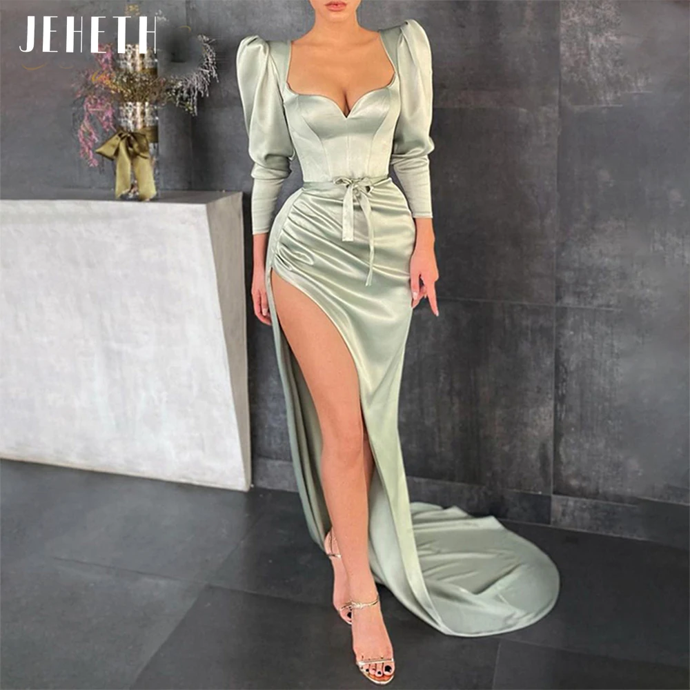 

JEHETH Sexy Mint Green Puff Sleeves Side Slit Satin Evening Dresses Sweetheart Bow Belt Long Party Gowns Women robes de soirée