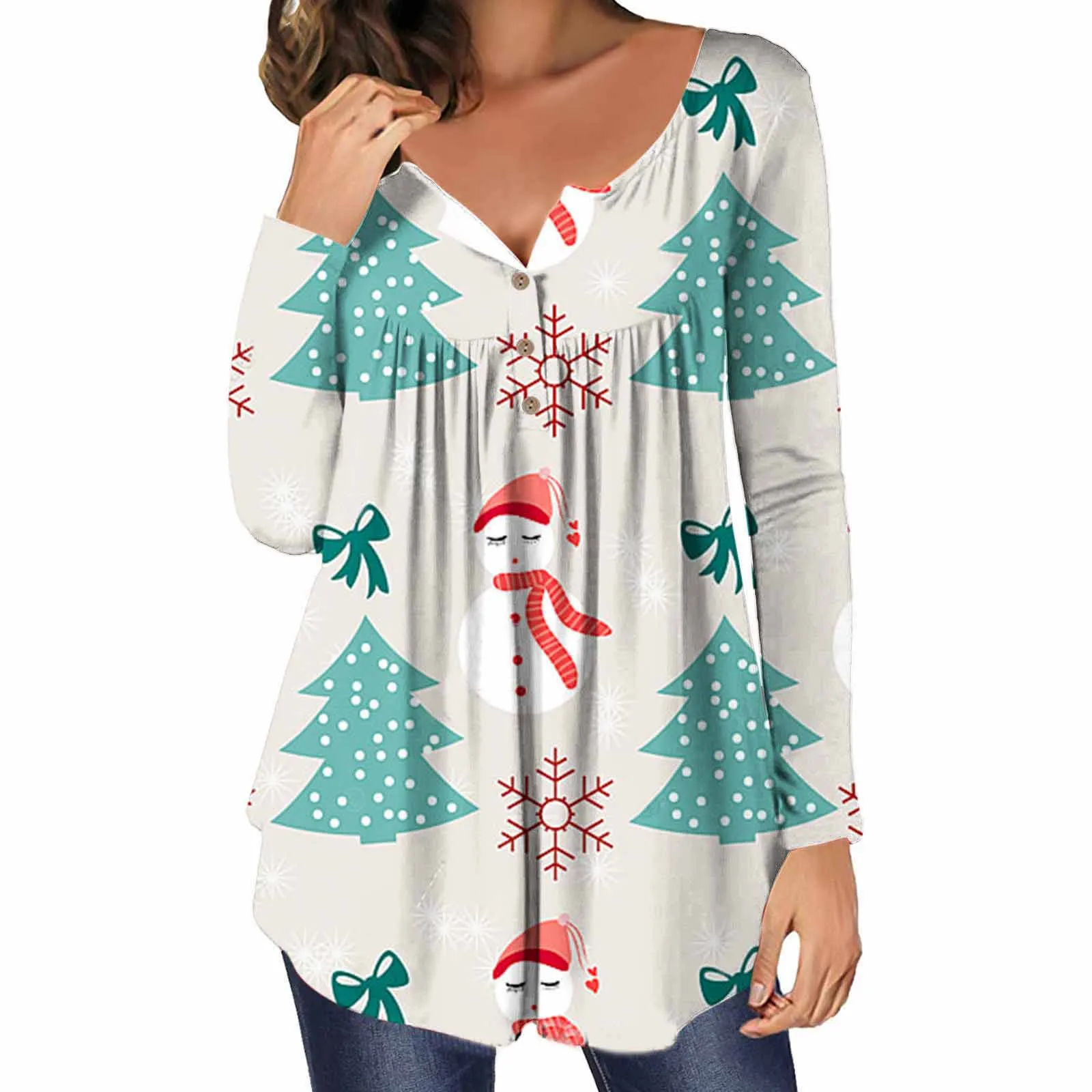 

Женская рождественская туника с принтом, топы с v-образным вырезом и пуговицами, женская рубашка с воротником-хомутом, Женская водолазка, же...