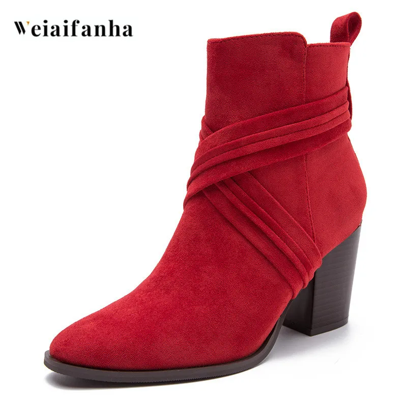 

Weiaifanha2022 Autumn and Winter New Boots High Heel Thick Heel Square Suede Nude Boots Cross Women's Shoes British Style Marton