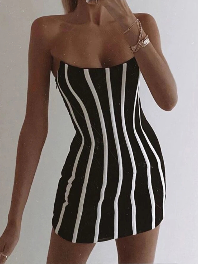 

Women Sexy Backless Stripe Printed Contrasting Color High Waist Low-neck Strapless Fashion Club Party Wrapped Chest Mini Dresses