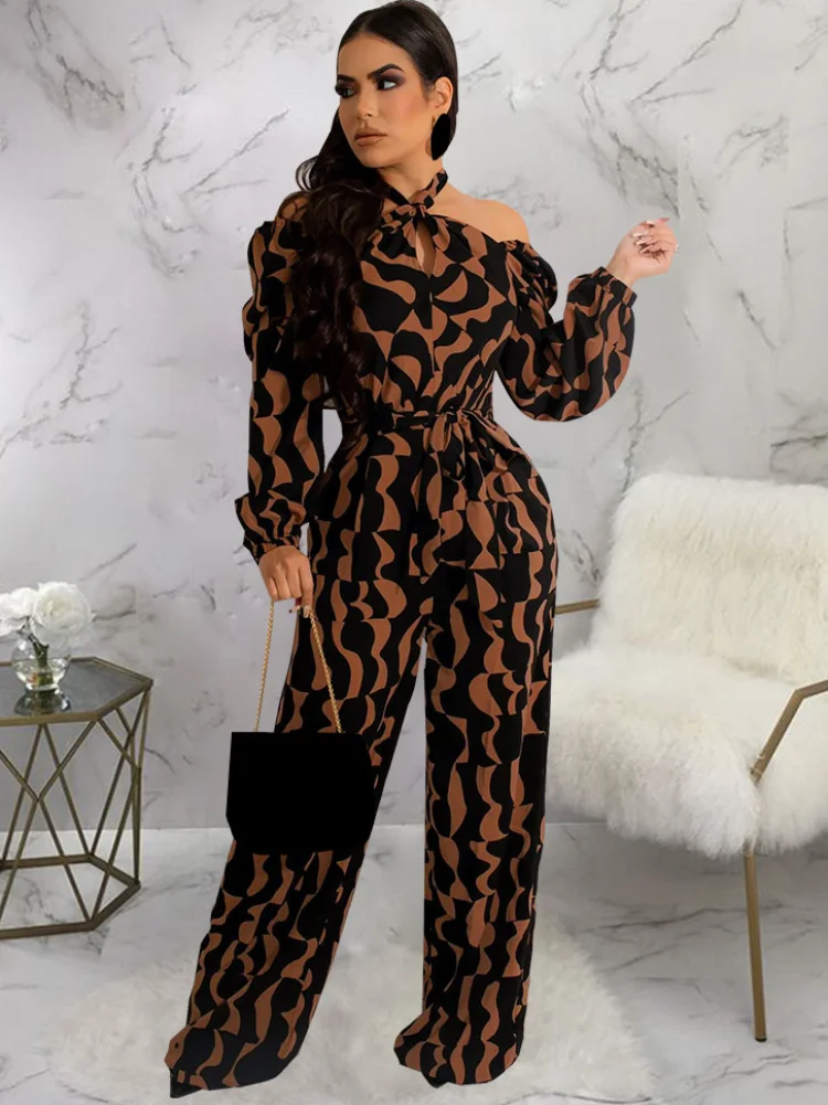 

WUHE Sexy Slash Neck Elegant Jumpsuits Backless Long Sleeve Off The Shoulder Print Women Rompers Party Clubwear High Street