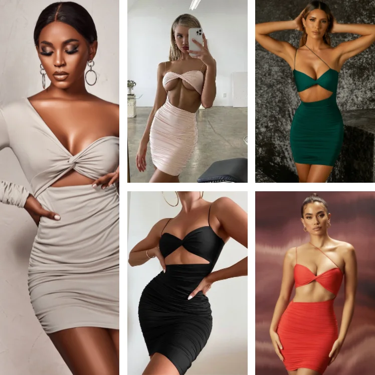 

Women's Pleated Wear One Shoulder Long Sleeve V-neck Cut Out Dress Lnstagram Spices Off The Shoulde Skin Tight Double Butt Dress