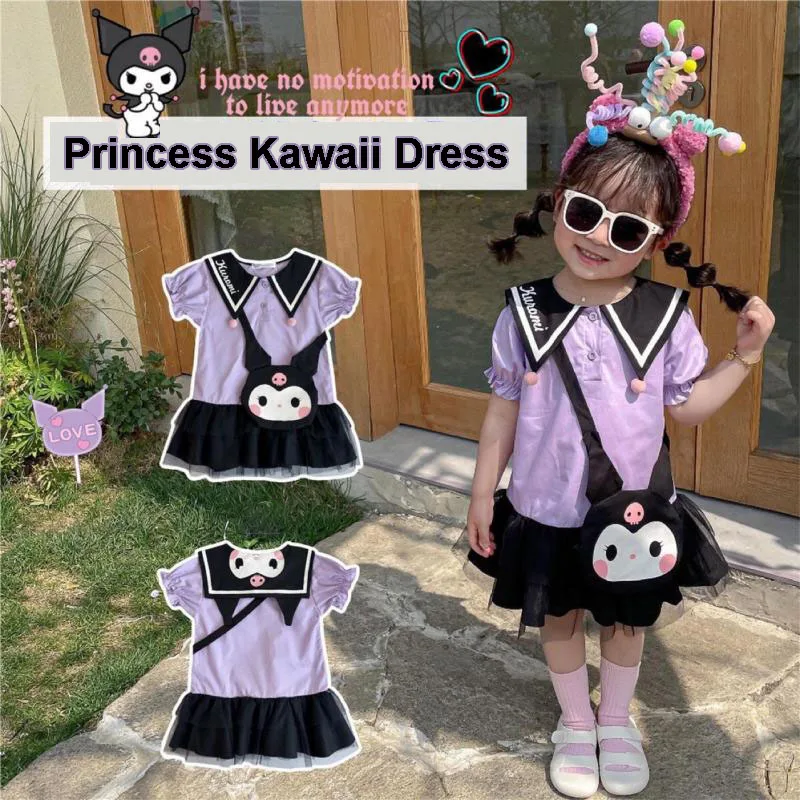 

Girl Kuromi Dress New Summer Style Fantasy Purple Fashion Navy Collar Kawaii Bubble Sleeves Sanrio Spliced Mesh Princess Dress