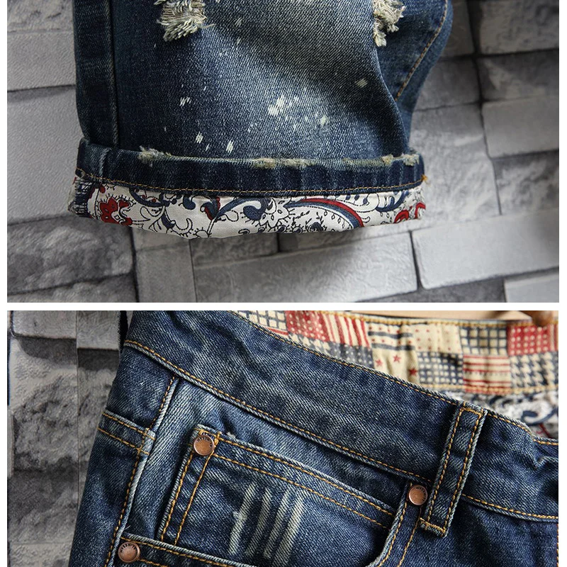 2023 Summer New Foreign Trade Large Denim Shorts Retro Perforated Slim Fit Men's Five-piece Pants Patch Pants Loose Matching