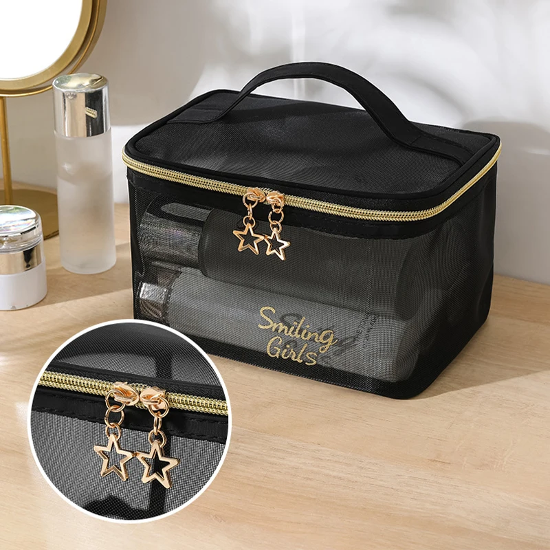 

Large-Capacity Black Mesh Makeup Case Organizer Storage Pouch Casual Zipper Toiletry Wash Bags Make Up Women Travel Cosmetic Bag