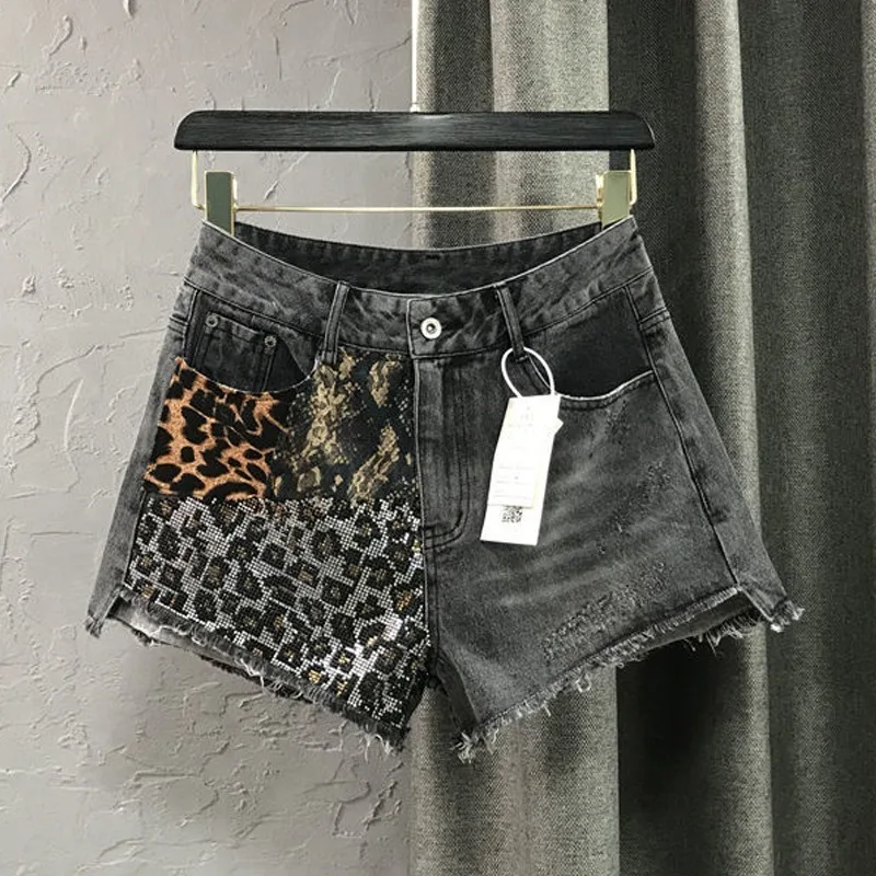 Denim shorts women's 2022 summer retro wide leg high waist leopard print pants hot pants spring  Coated  Pockets  HIGH