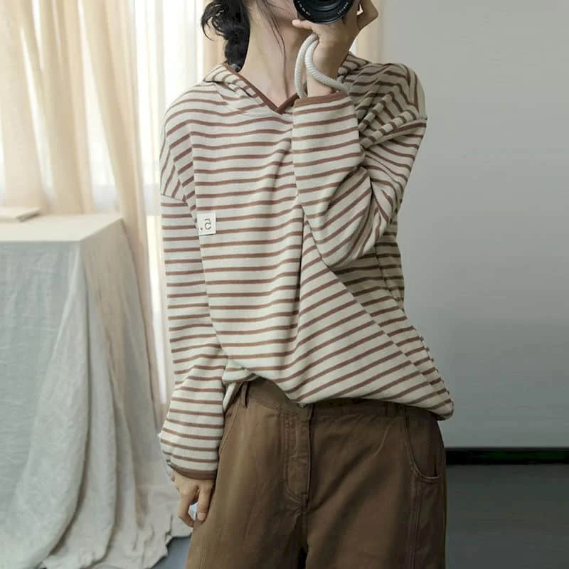 Полосатые толстовки для женщин с длинным рукавом винтажные художественные