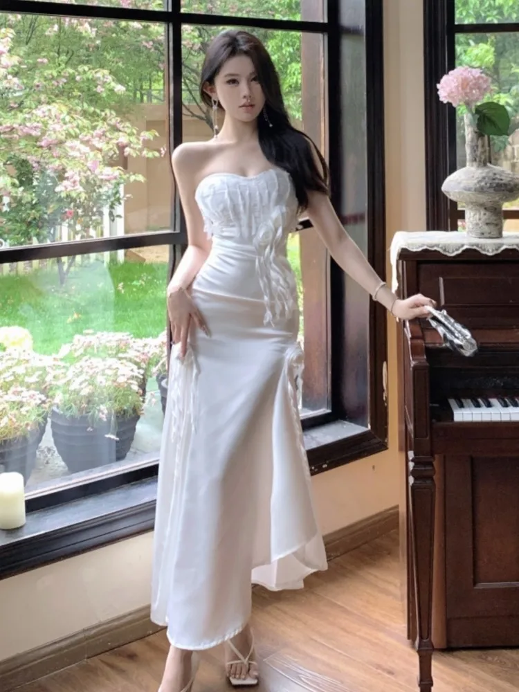 Сексуальные атласные женские платья без бретелек шикарное облегающее платье