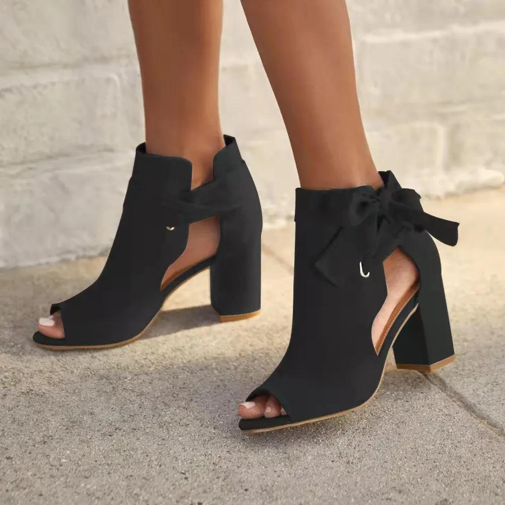 

Women's Open Peep Toe Sandals Solid Color Butterfly-knot 2022 Summer New Popular Fashion Casual Comfy High Thick Heel Sandals