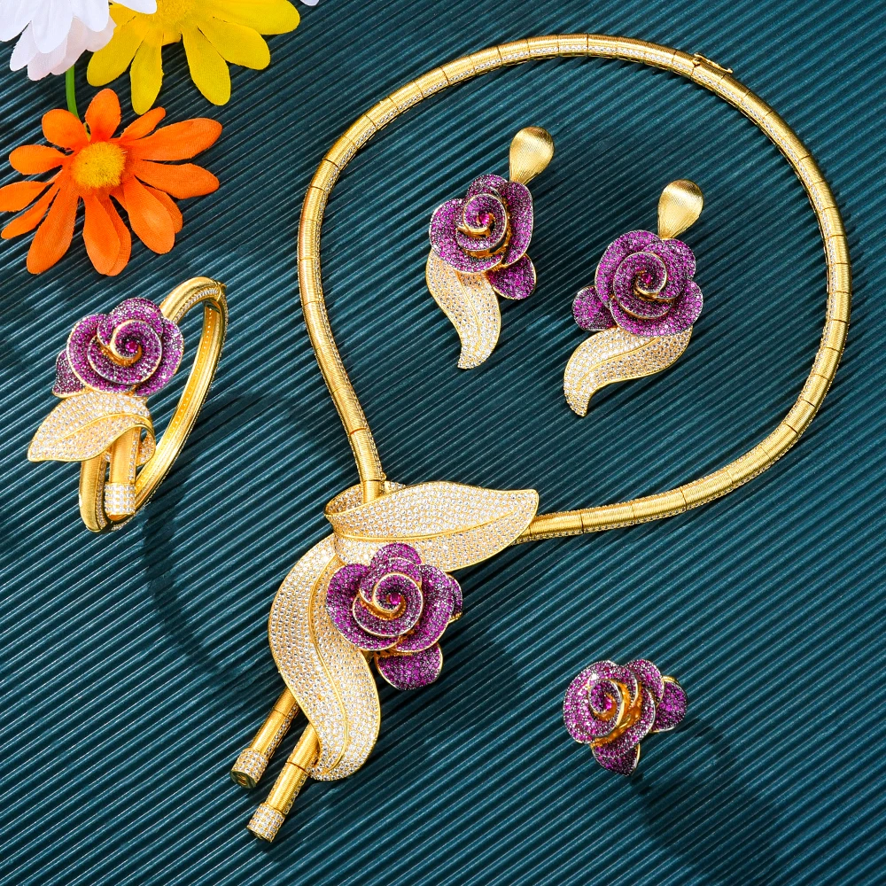 GODKI Nowa moda Afrykańskie duże kwiaty róży Dubaj Zestaw biżuterii ślubnej dla kobiet Ślub Impreza Nigeryjski naszyjnik Choker kolczyków