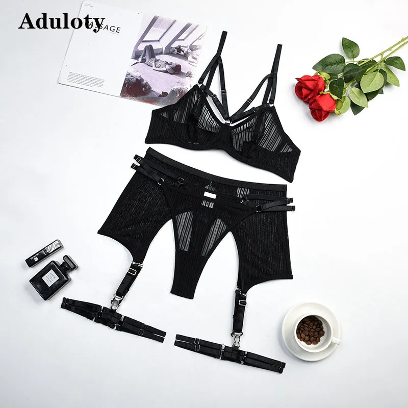 

Aduloty Women's Sexy Lingerie Mesh Perspective Thin Lace Erotic Underwear Underwire Black Sexy Bra garter thong 3-piece Set