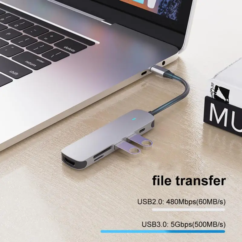 

Office Tools Type-c Hub 4 Usb Port 3.0 2.0 Pd 60w Usb Hub 3.0 5 In 1 5gpbs High Speed Pc Hub For Macbook 13/15 Air 6 In 1
