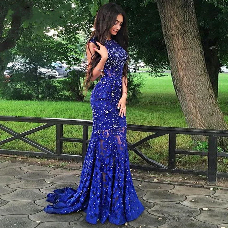 

2023 Deep Blue Lace Mermaid Evening Dresses Decal Beaded Sexy Backless Round Neck Elegant Formal Prom Party Dresses For Women