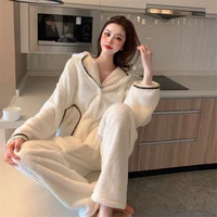 pure color casual fashion trend pajamas new autumn and winter coral fleece thick warm sweet cardigan pajamas
