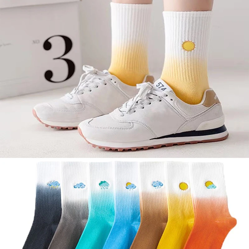 

Funny Embroidery Socks Female Weather Forecast Pattern Thin Socks Personality Solid Color Couple Tide Socks Girl Color Tube Sock