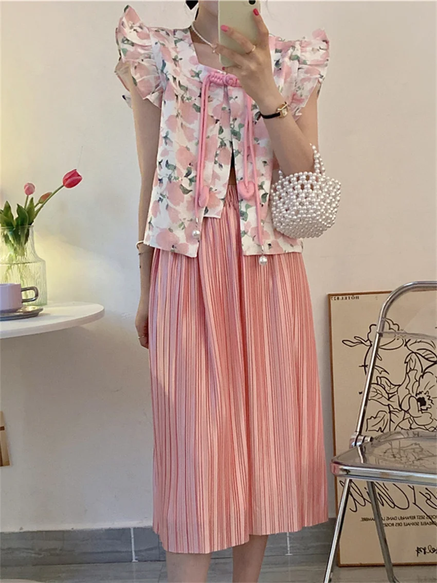 

Alien Kitty Women Sets OL Sleeveless Ruffles Florals Elegant Shirts New Summer 2022 Sweet Pleated Chic Skirts Two Pieces Suits