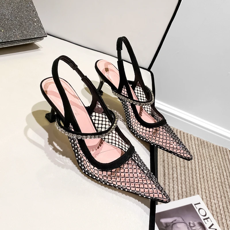 High Heeled Shoes Women's Mesh Hollow Diamond Pointed Transparent Sandals Women's Black Thin Heel