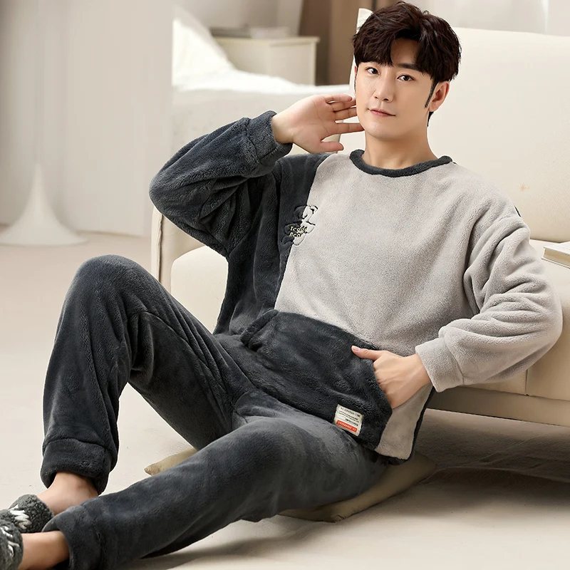 Long Sleeve Winter Thicken Warm Flannel Pajamas Sets Print Sleepwear Long Pant Male Men Pajama Set 3XL 4XL 5XL Men Nightwear