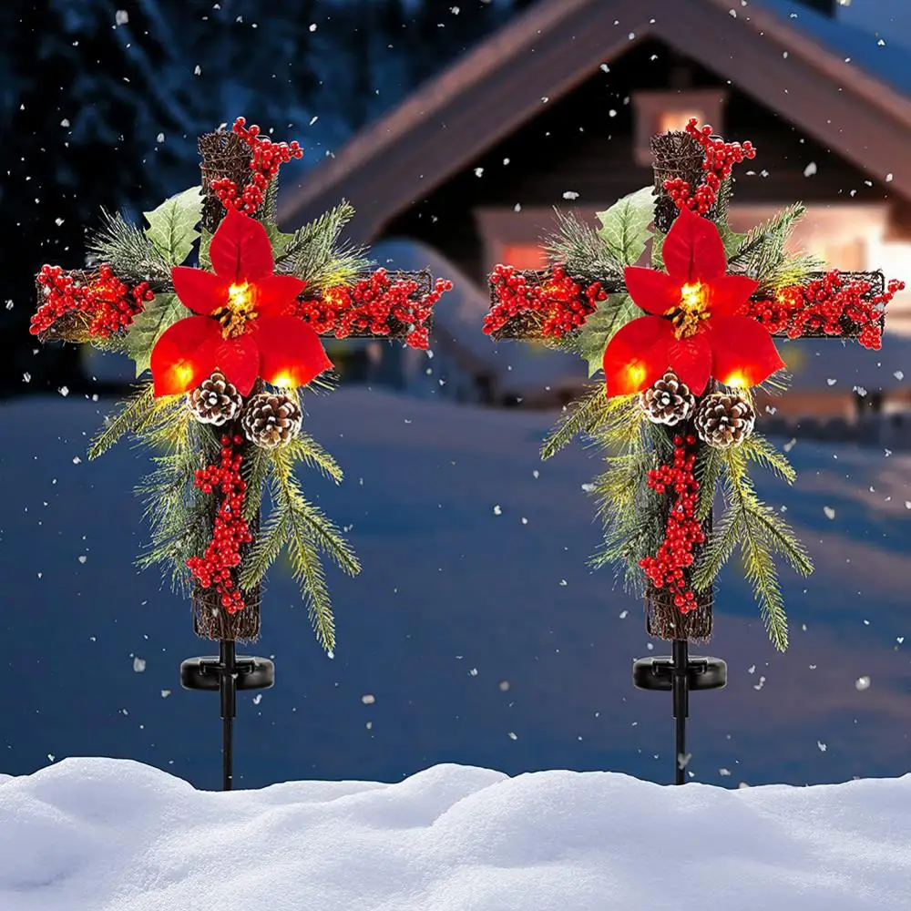 

2 Packs LED Solar Outdoor Lawn Lamp Christmas Waterproof Cross Pile Christmas Outdoor Decoration Solar Xmas Flower Lamp Decor