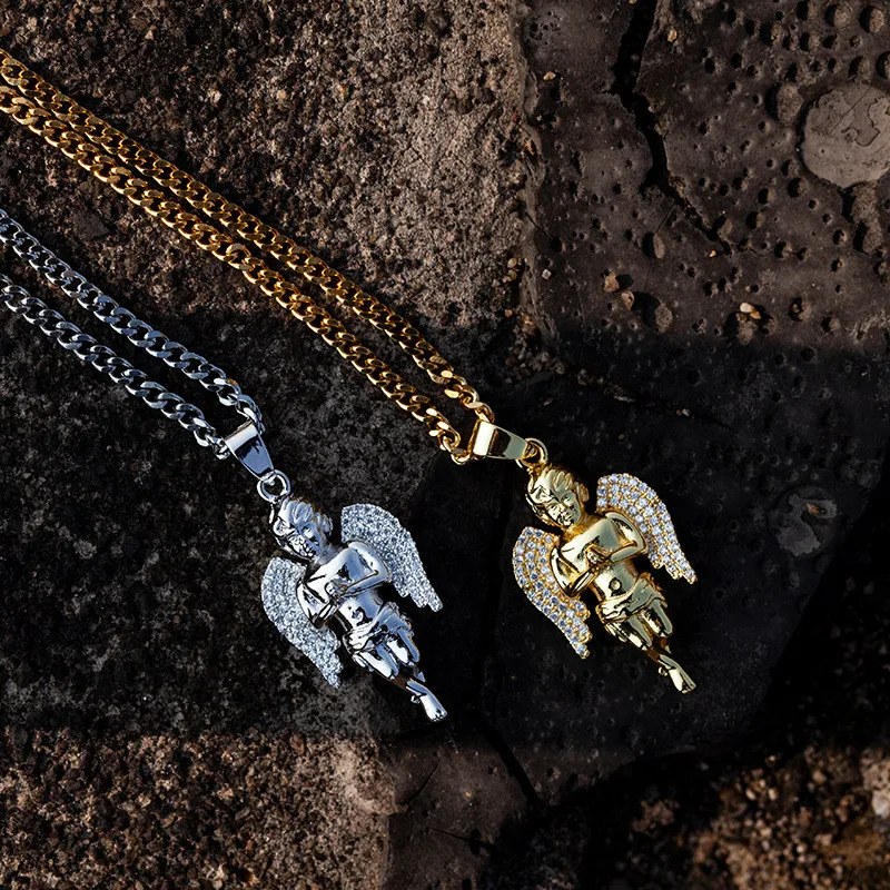 

2022 New Fashion Bling Iced Out Wings Angel Pendant Necklace for Men Women Gifts Long Curb Chain Zircon Hip Hop Jewelry Collar